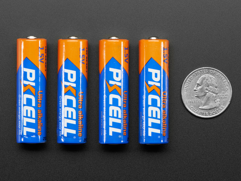 Angled shot of 4 Piscell AA batteries. 