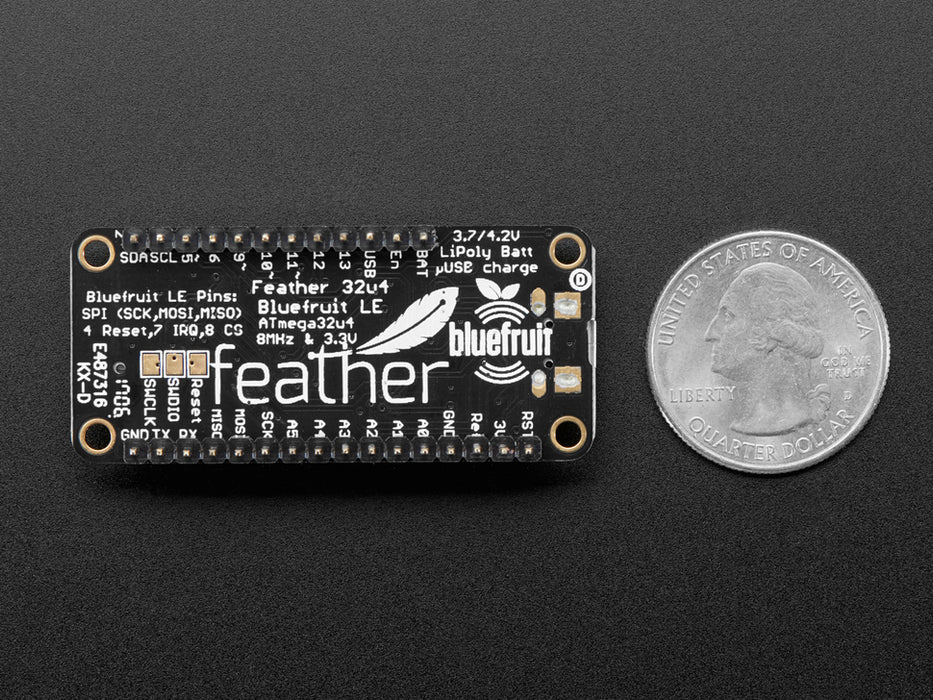 Angled shot of rectangular microcontroller with headers. 