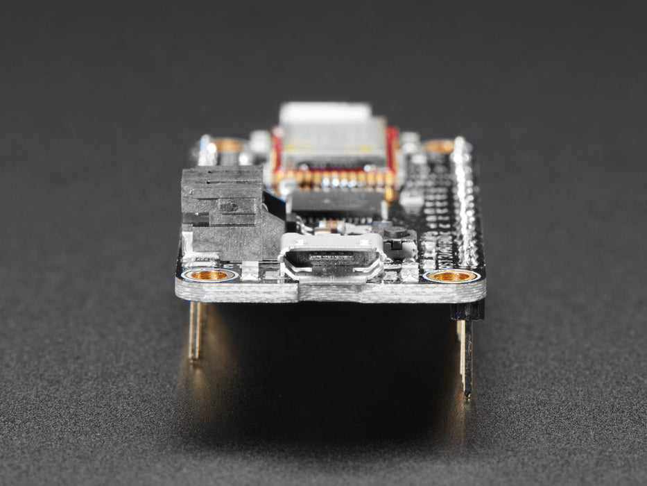 Angled shot of rectangular microcontroller with headers. 