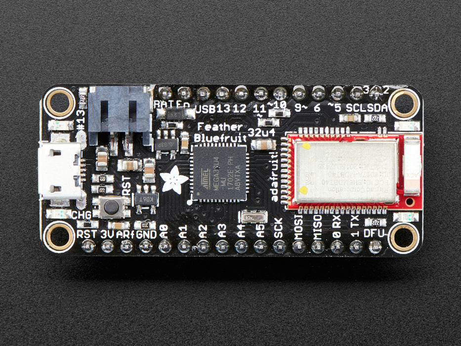 Angled shot of rectangular microcontroller with headers. 