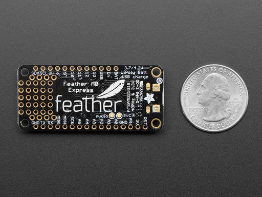 Angled shot of a Adafruit Feather M0 Express - ATSAMD21 Cortex M0. 