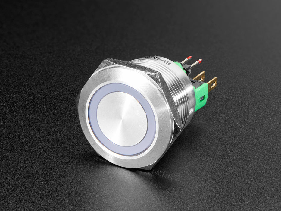 Video of 22mm rugged metal pushbutton with an RGB LED ring glowing rainbow colors.