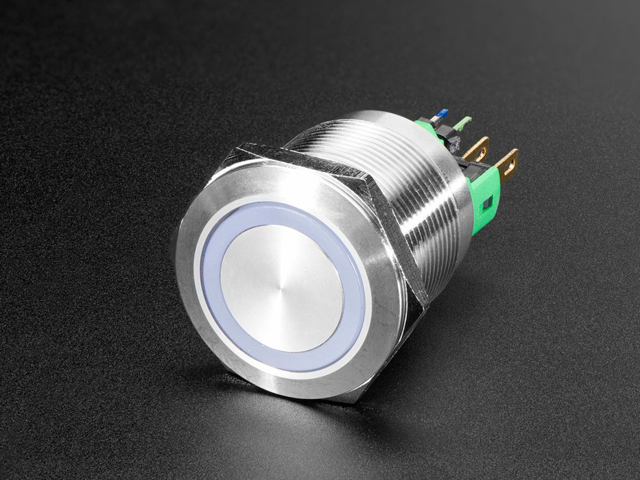 Video of 22mm rugged metal pushbutton with an RGB LED ring glowing rainbow colors.