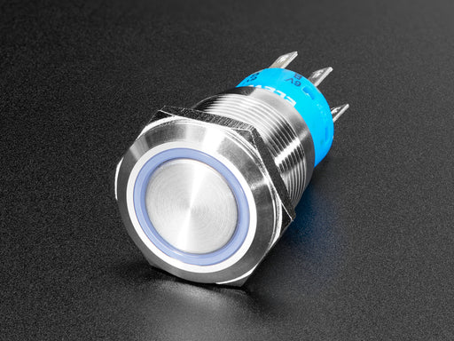 Video of 19mm rugged metal pushbutton with an RGB LED ring glowing rainbow colors.