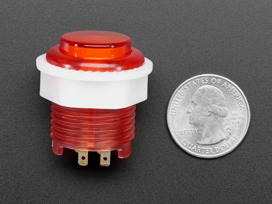 Video of 24mm mini translucent red LED arcade button flashing on and off.