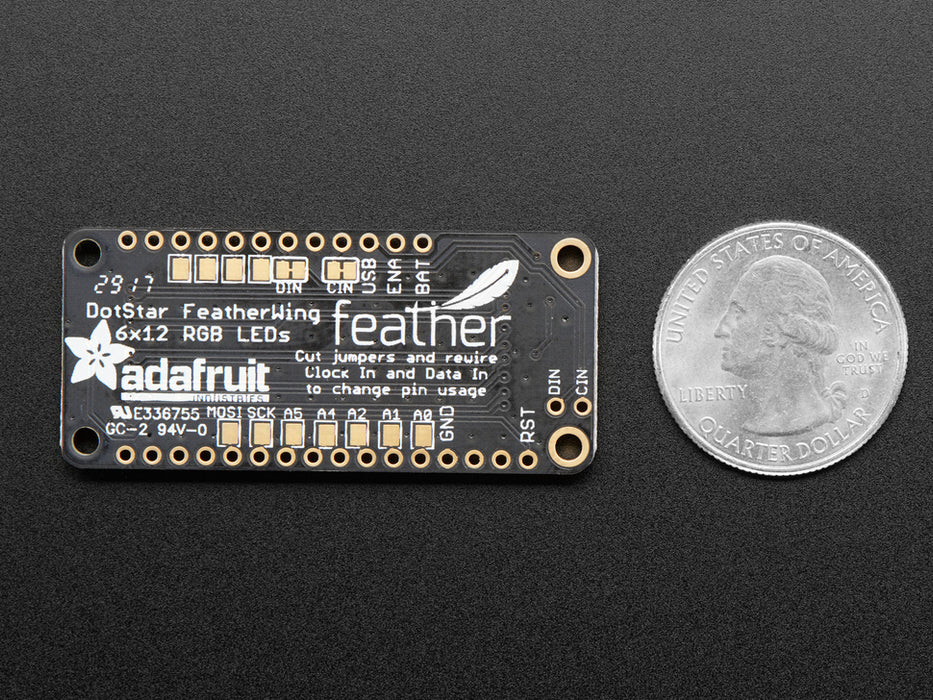 Video of a Adafruit DotStar FeatherWing connected to a featherwing. Display reads "ADAFRUIT!" in rainbow color pixel. 