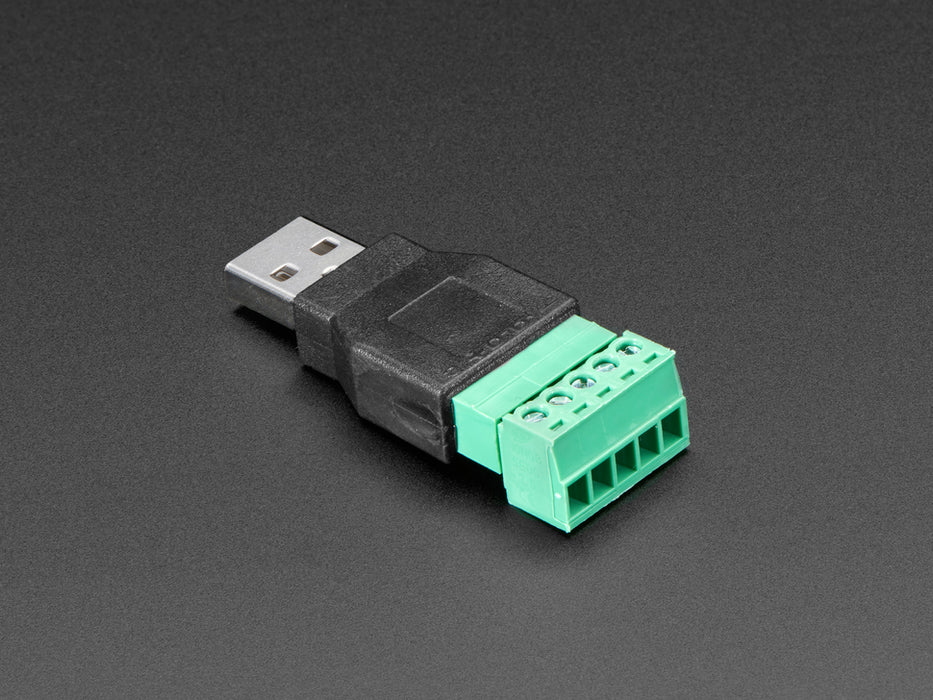 angled shot of USB-A Male Plug to 5-pin Terminal Block