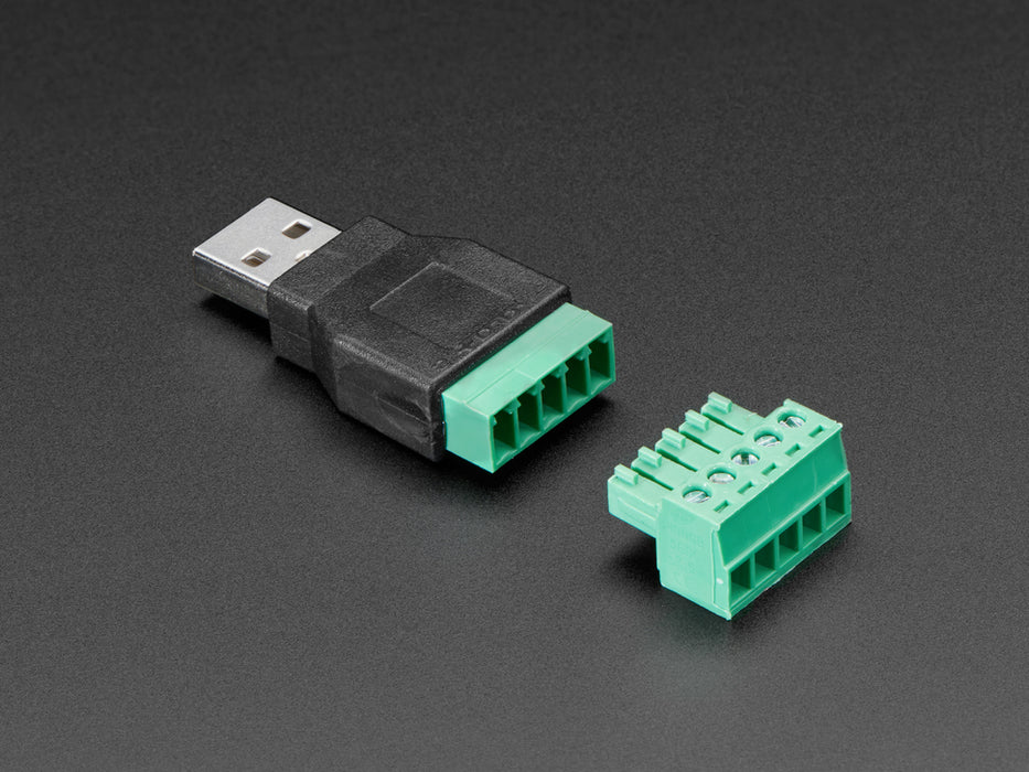 angled shot of USB-A Male Plug to 5-pin Terminal Block