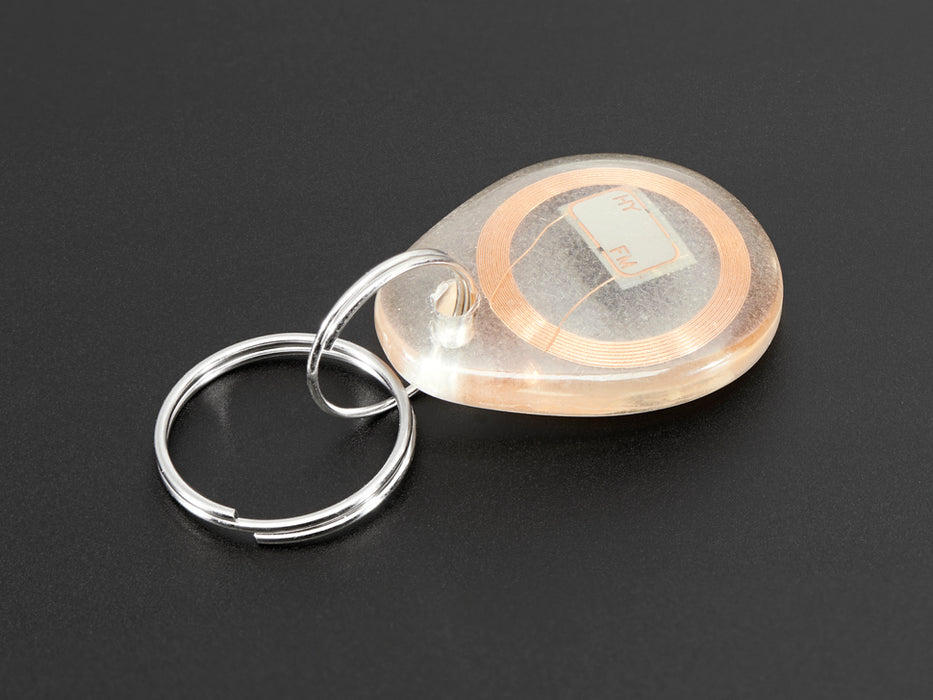 Clear keychain fob with copper coil inside, next to quarter