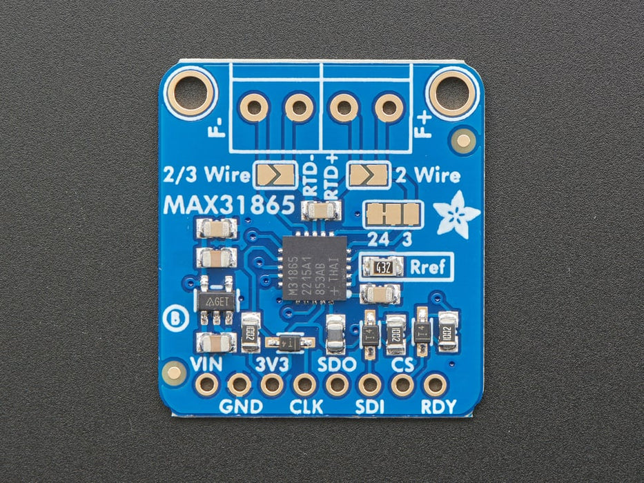 Angled shot of a Adafruit PT1000 RTD Temperature Sensor Amplifier. 