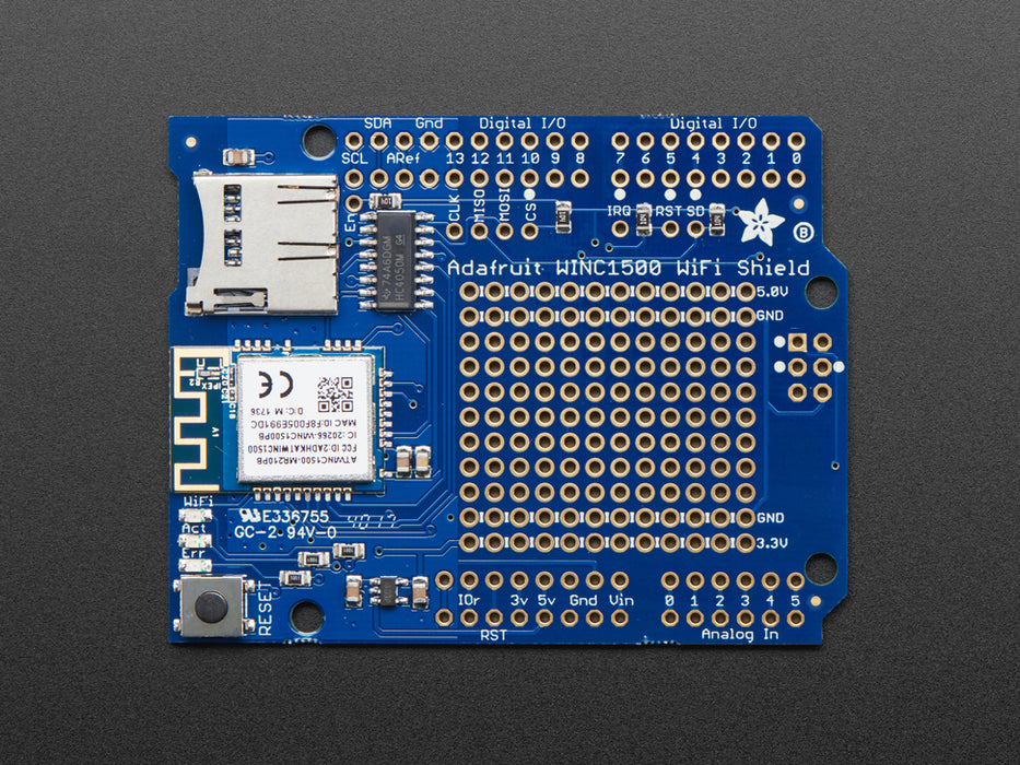 Angled shot of a Adafruit WINC1500 WiFi Shield with PCB Antenna. 