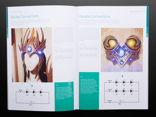Front cover of The Book of Cosplay Lights - Getting Started with LEDs - by Svetlana Quindt @KamuiCosplay. A World of Warcraft cosplayer wearing a teal wig and costume orbs with LEDs.