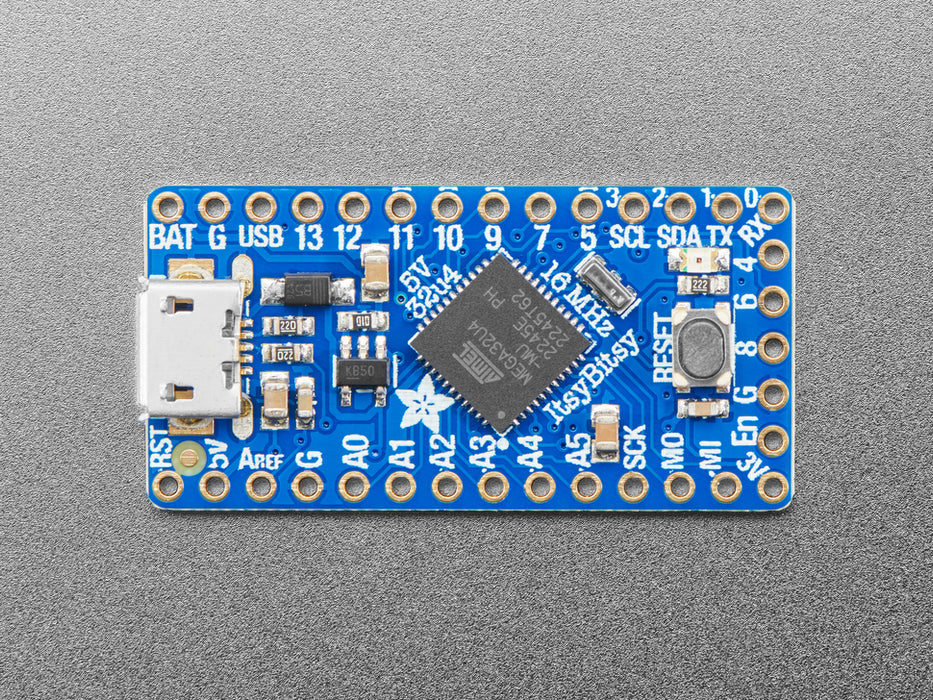 Angled shot of Adafruit ItsyBitsy 32u4 - 5V 16MHz. 