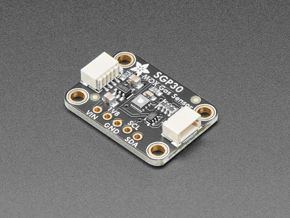 Angled shot of a Adafruit SGP30 Air Quality Sensor Breakout.