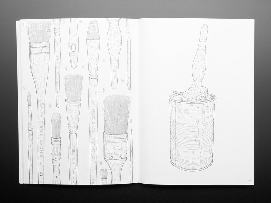 Front cover of Toolshed Coloring Book showing hundreds of outline-drawn tools