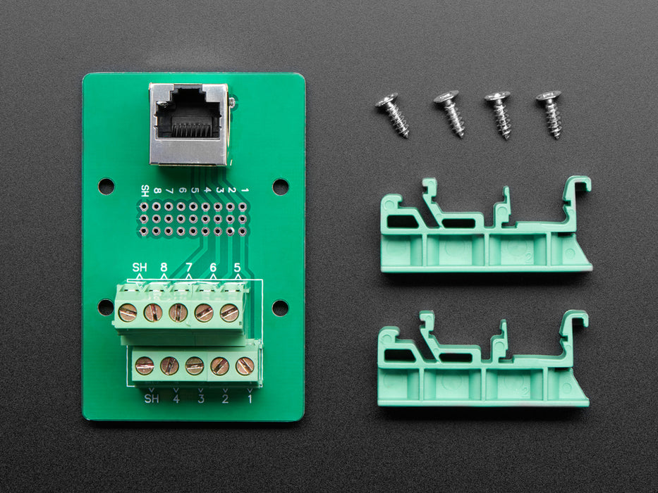 DIN Rail mountable RJ-45 To Terminal Block Adapter - Vertical Jack.