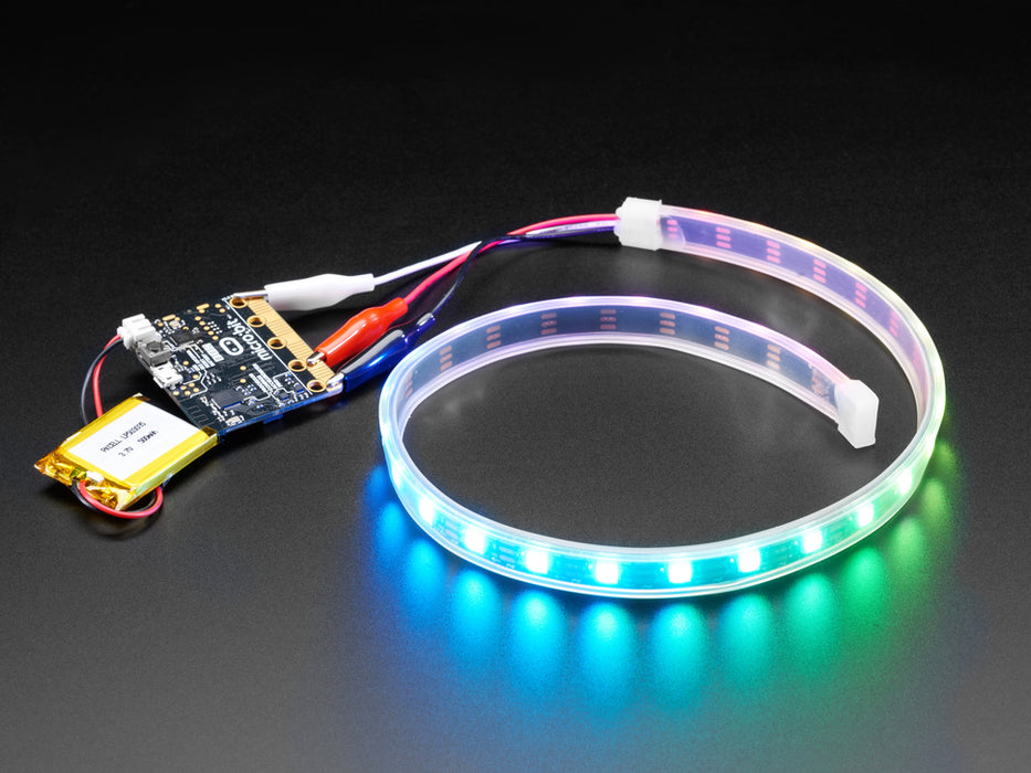 Adafruit NeoPixel LED 0.5 meter Strip with Alligator Clips wired to Circuit Playground, lighting up rainbow