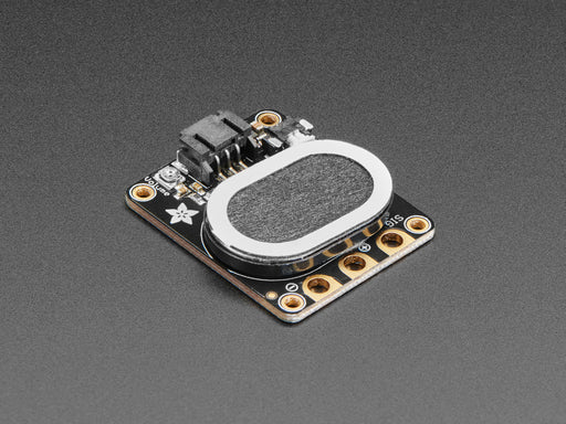 Top view of a black speaker breakout board connected to a round microcontroller via alligator clips. A music note animation emits from the speaker.