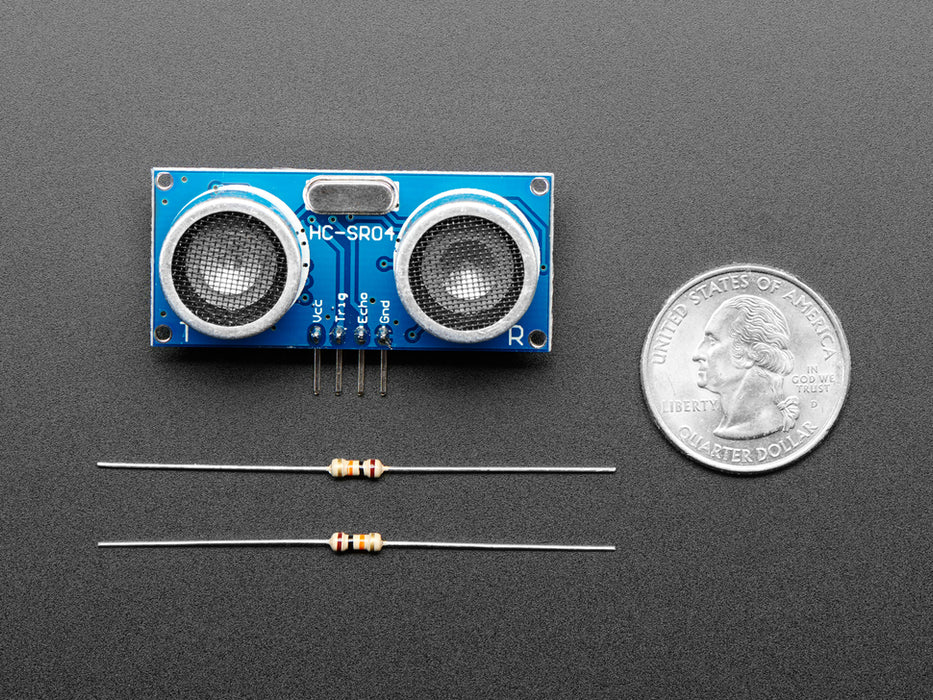 Video of a woman's hand rising above a blue ultrasonic sonar distance sensor plugged into a half-size breadboard. An OLED screen displays the rising distance between the woman's hand and the sensor.