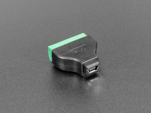 angled shot of USB Mini B Female Socket to 5-pin Terminal Block