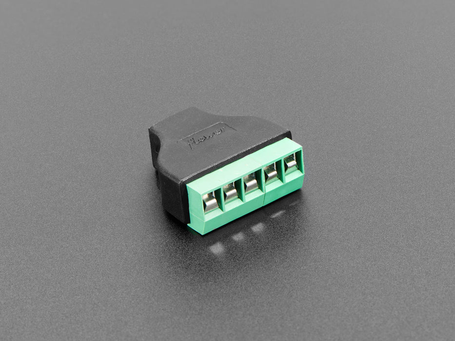 angled shot of USB Mini B Female Socket to 5-pin Terminal Block