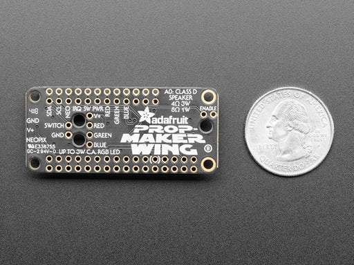 Angled shot of a Adafruit Prop-Maker FeatherWing. 