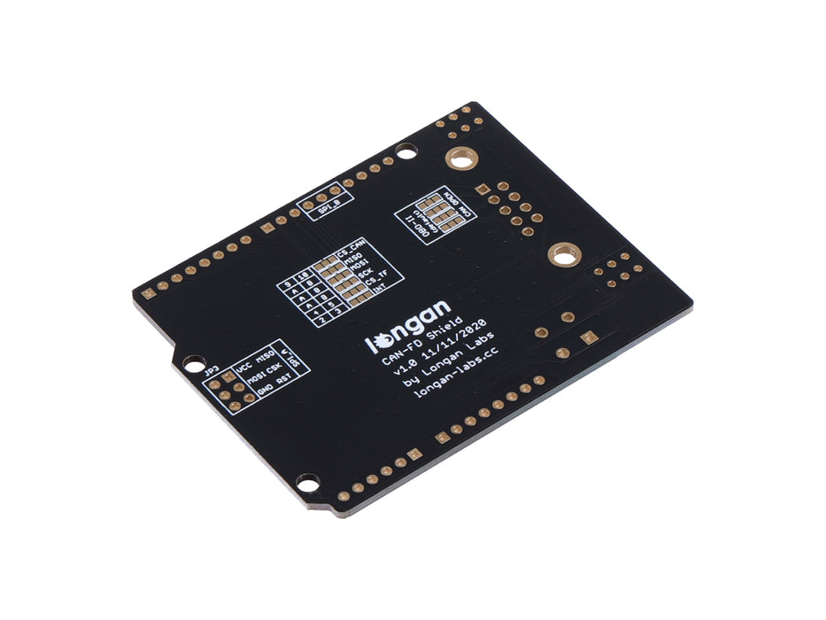 CAN FD Shield for Arduino - CAN-FD, CAN 2.0, industrial standard 9-pin sub-D, high-speed SPI interface, selectable OBD-II and CAN standard pinouts, adjustable chip select and INT pins