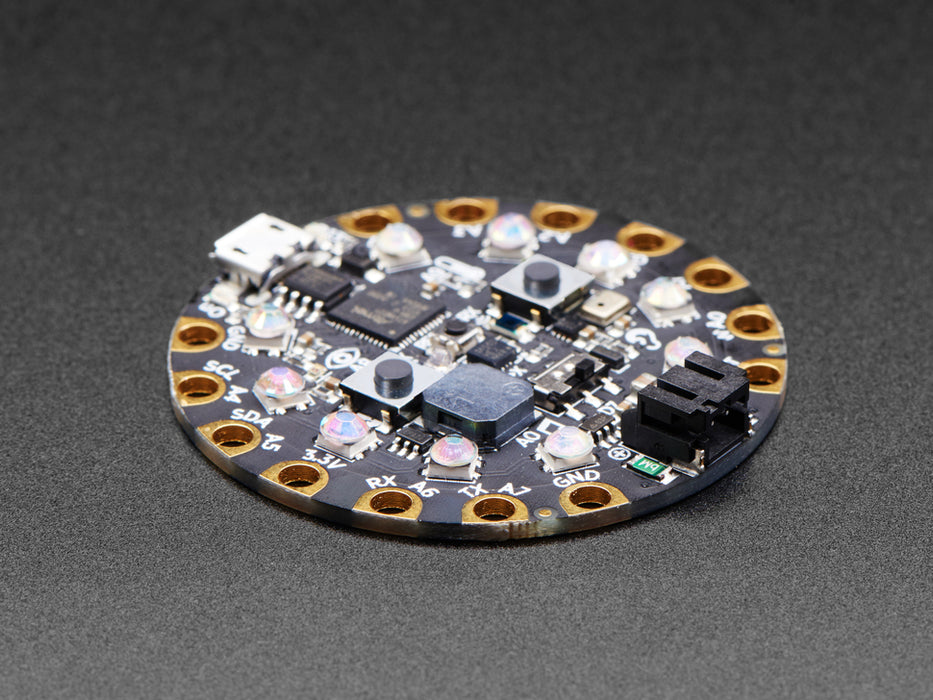 Circuit Playground with crystals on 10 LEDs, glowing rainbow