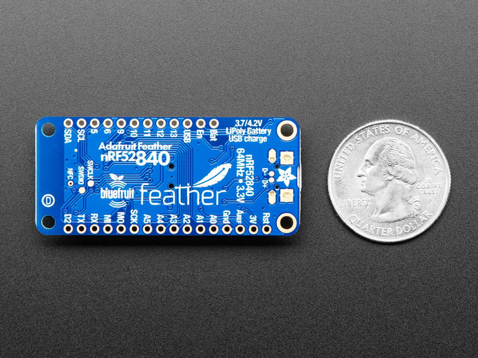 Angled shot of a Adafruit Feather nRF52840 Express. 