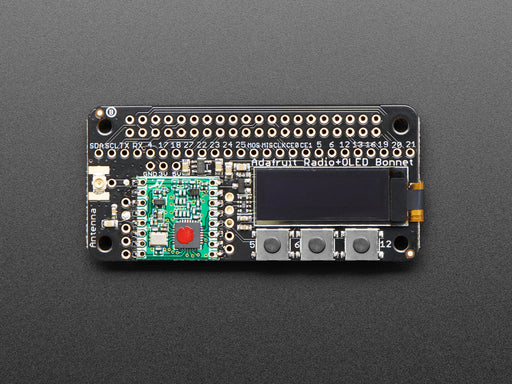 Angled shot of a Adafruit RFM69HCW Transceiver Radio Bonnet.