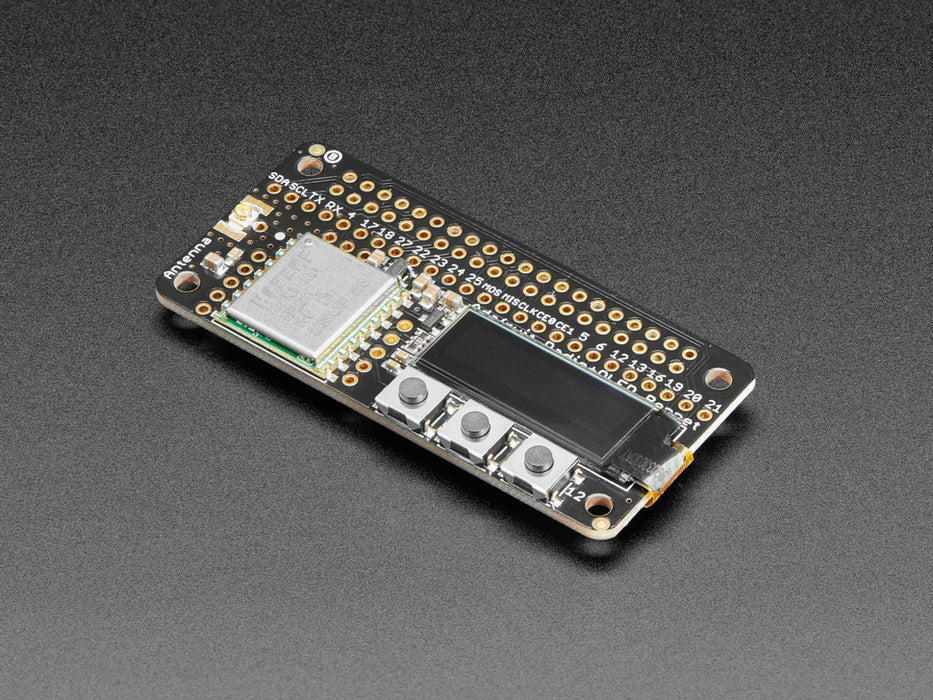 A rectangular microcontroller with OLED screen. A blue-manicured index finger presses buttons below the OLED screen, triggering different texts.