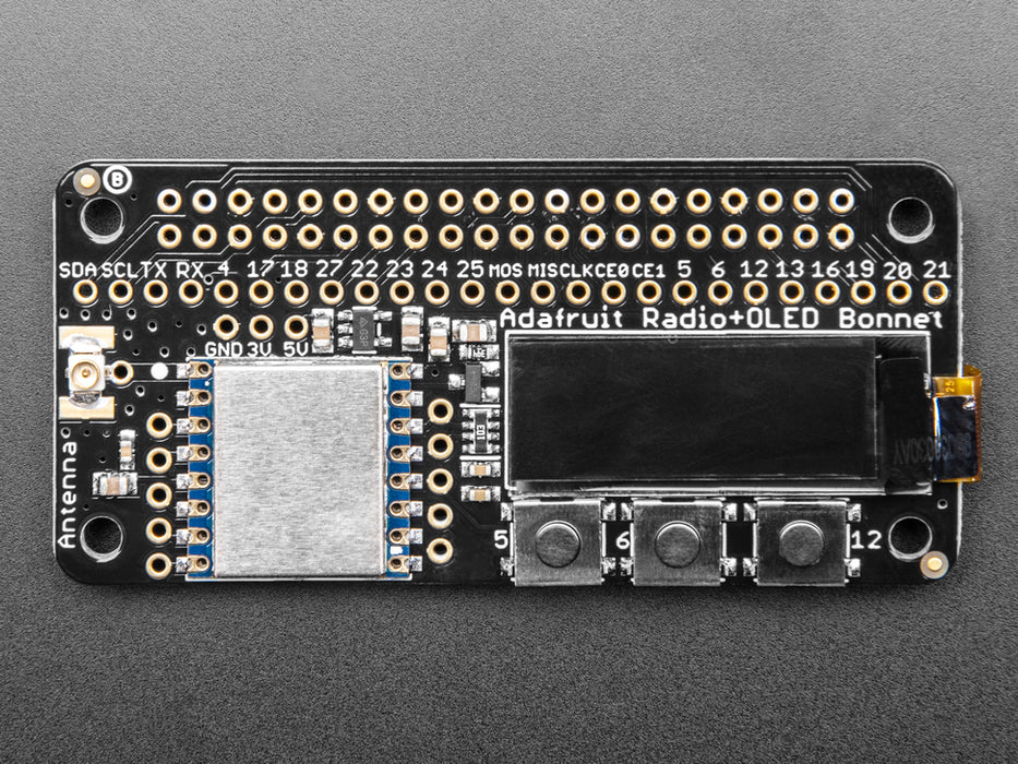 Angled shot of rectangular microcontroller with OLED screen.