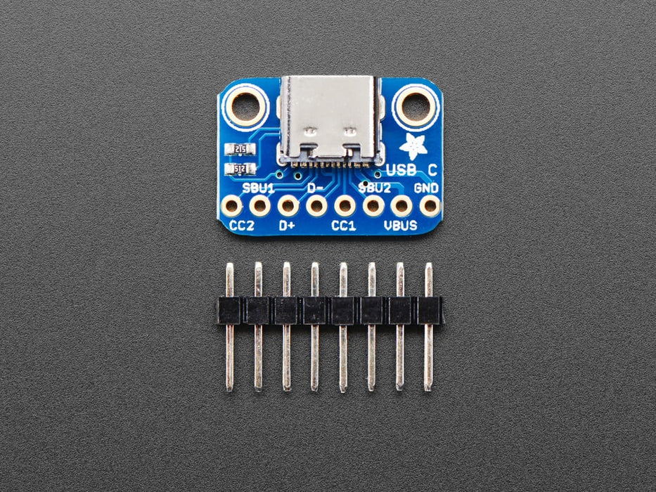 Angled shot of a Adafruit USB Type C Breakout Board.