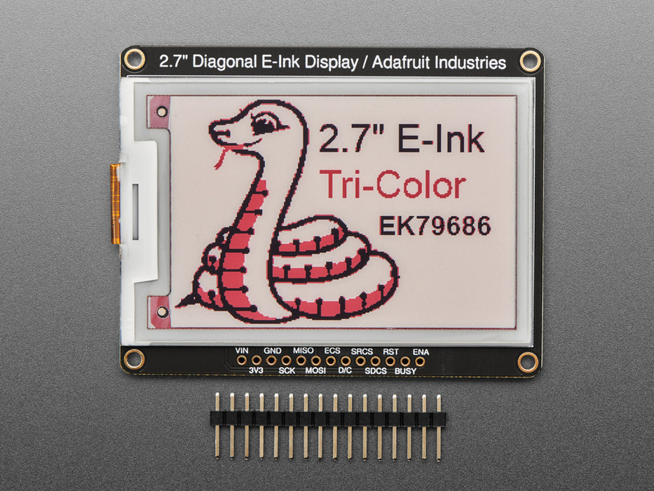 Angled shot of a Adafruit 2.7" Tri-Color eInk / ePaper Display with SRAM - Red Black White.