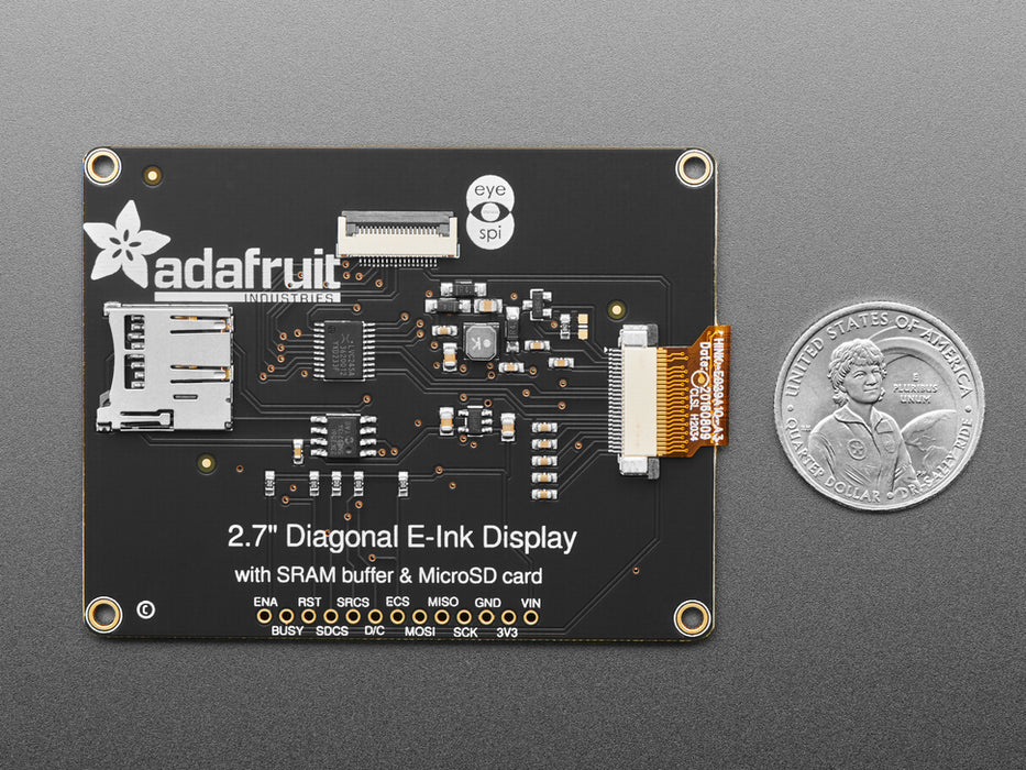 Angled shot of a Adafruit 2.7" Tri-Color eInk / ePaper Display with SRAM - Red Black White.