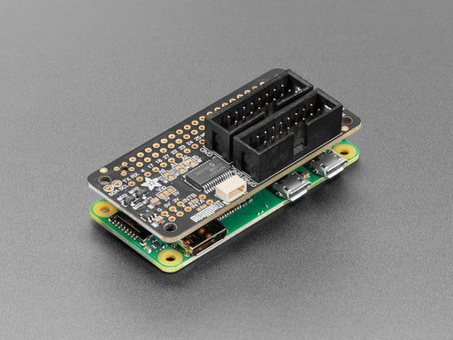 Angled shot of rectangular GPIO expander add-on board.