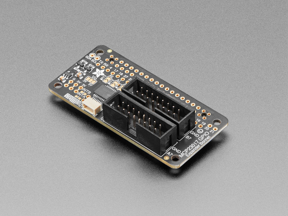 Angled shot of rectangular GPIO expander add-on board.