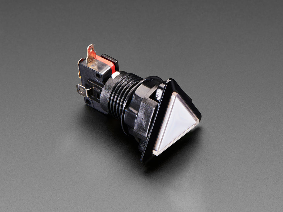 Angled shot of a white triangle illuminated LED pushbutton. 