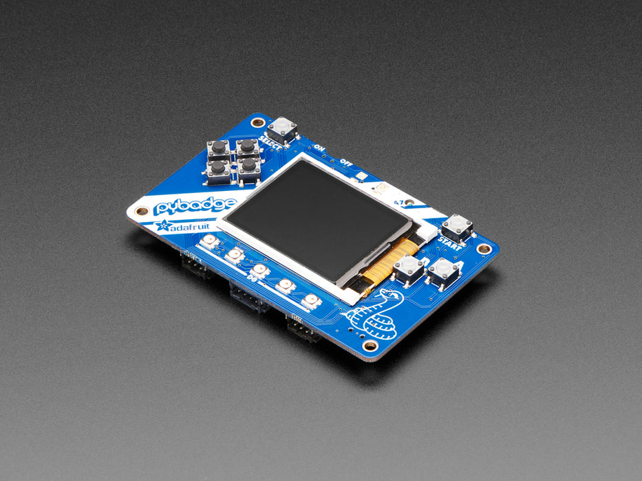 Angled shot of a Adafruit PyBadge for MakeCode Arcade, CircuitPython, or Arduino. 