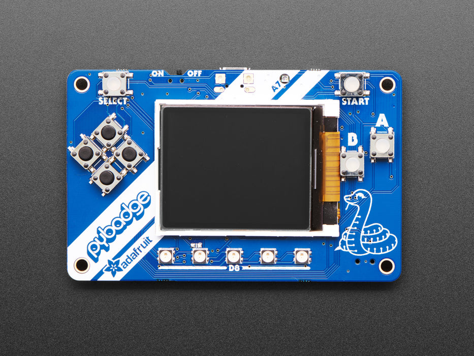 Angled shot of a Adafruit PyBadge for MakeCode Arcade, CircuitPython, or Arduino. 