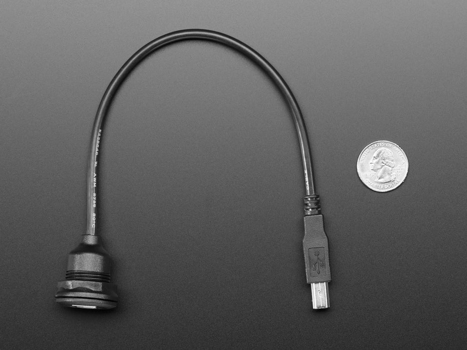 Angled shot of a USB B Round Panel Mount Extension Cable - 30cm.