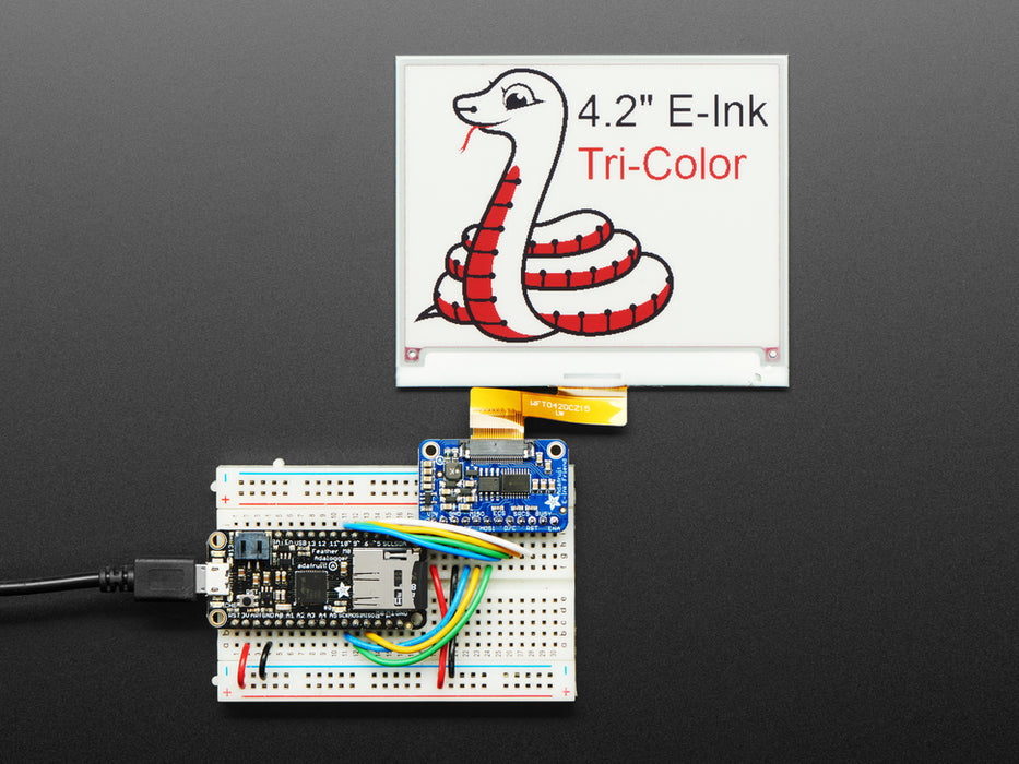 Adafruit eInk Breakout Friend with large E-Ink display attached, wired to Feather