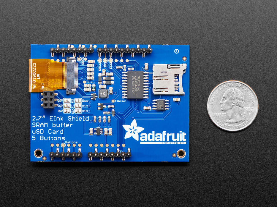 Top down view of a Adafruit 2.7" Tri-Color eInk / ePaper Shield with SRAM - Red Black White. 