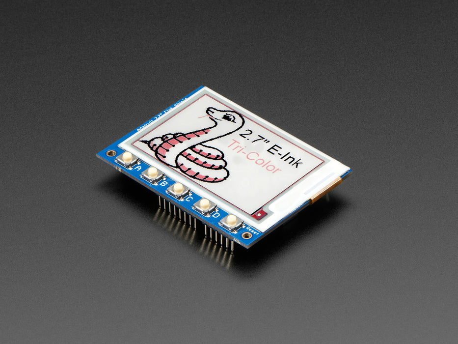 Top down view of a Adafruit 2.7" Tri-Color eInk / ePaper Shield with SRAM - Red Black White. 