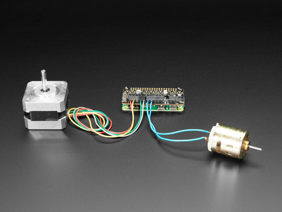 Top view shot of a Adafruit DC & Stepper Motor Bonnet 