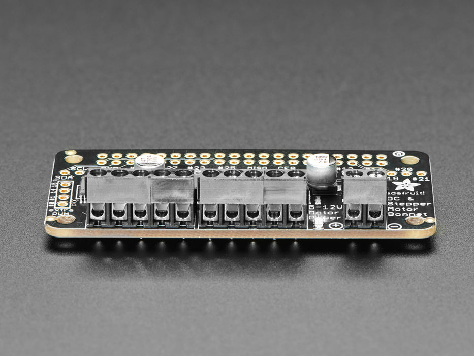 Top view shot of a Adafruit DC & Stepper Motor Bonnet 