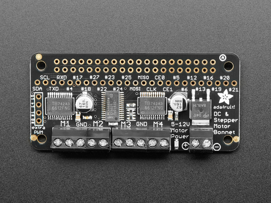 Top view shot of a Adafruit DC & Stepper Motor Bonnet 