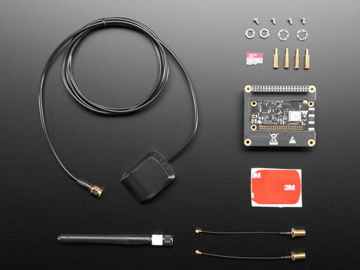 Top down view of 8 Channel LoRa Gateway HAT with LoRa and GPS Antennas. 