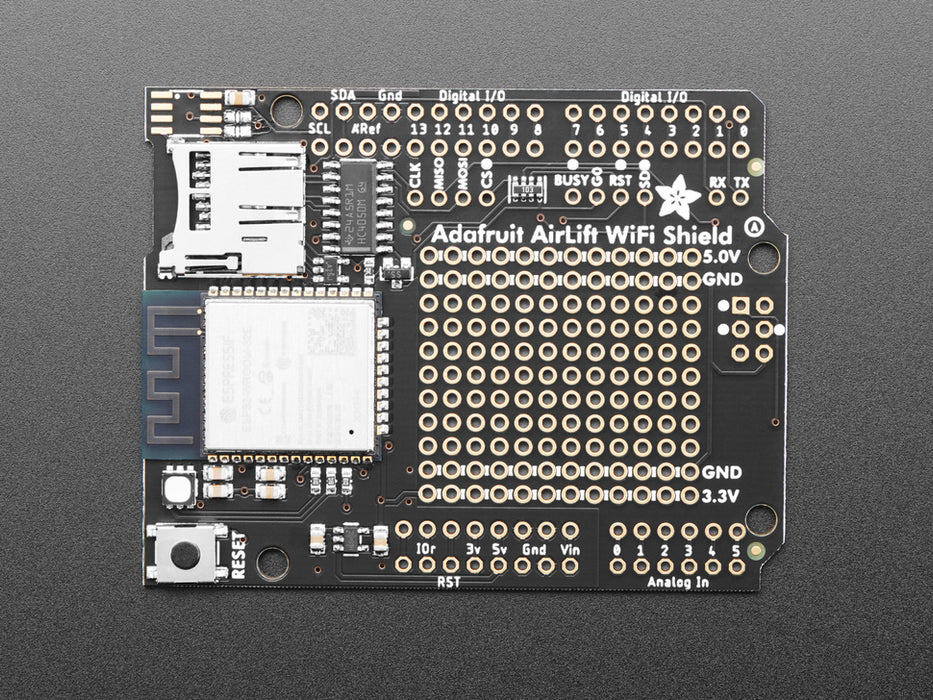 Angled shot of Wi-Fi co-processor shield PCB.