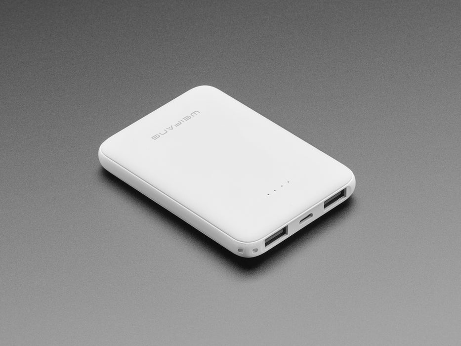 Angled shot of a USB Li-Ion Power Bank with 2 x 5V Outputs @ 2.1A - 5000mAh.